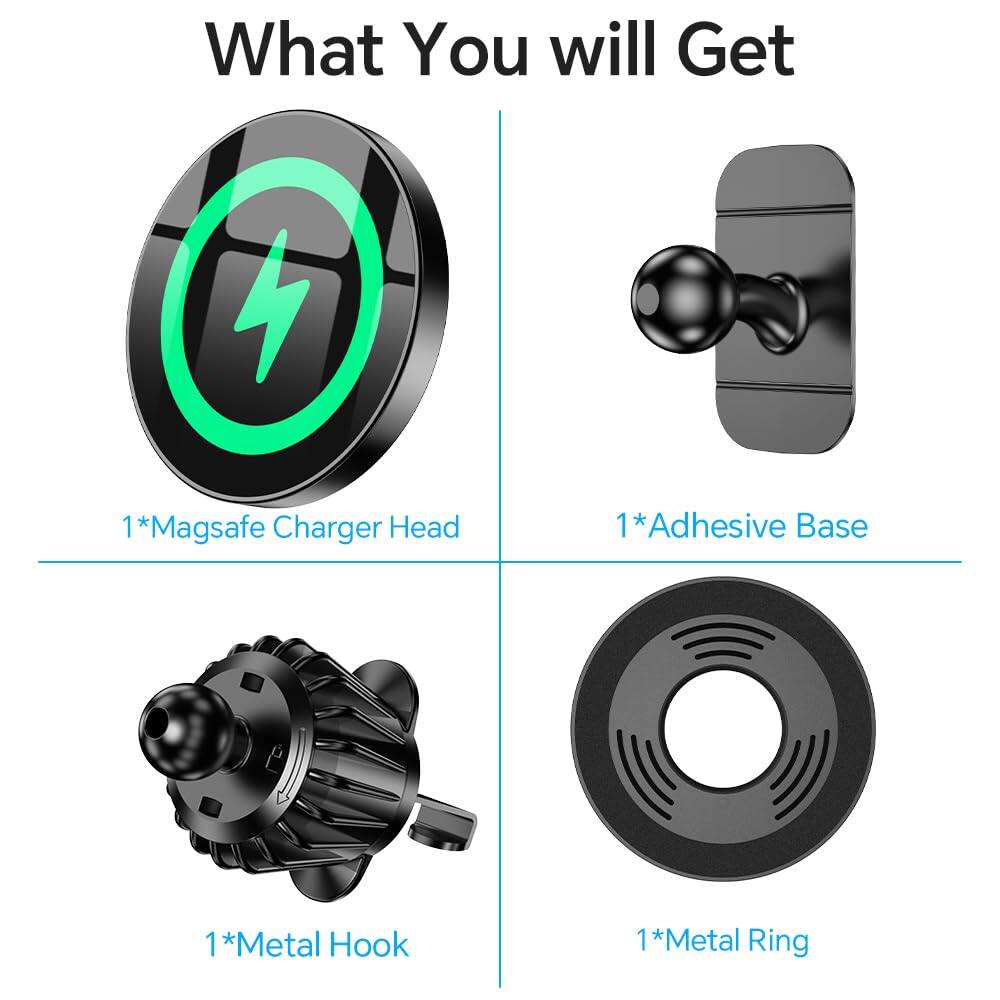 What You will Get

1 * Magsafe Charger Head  
1 * Adhesive Base  
1 * Metal Hook  
1 * Metal Ring