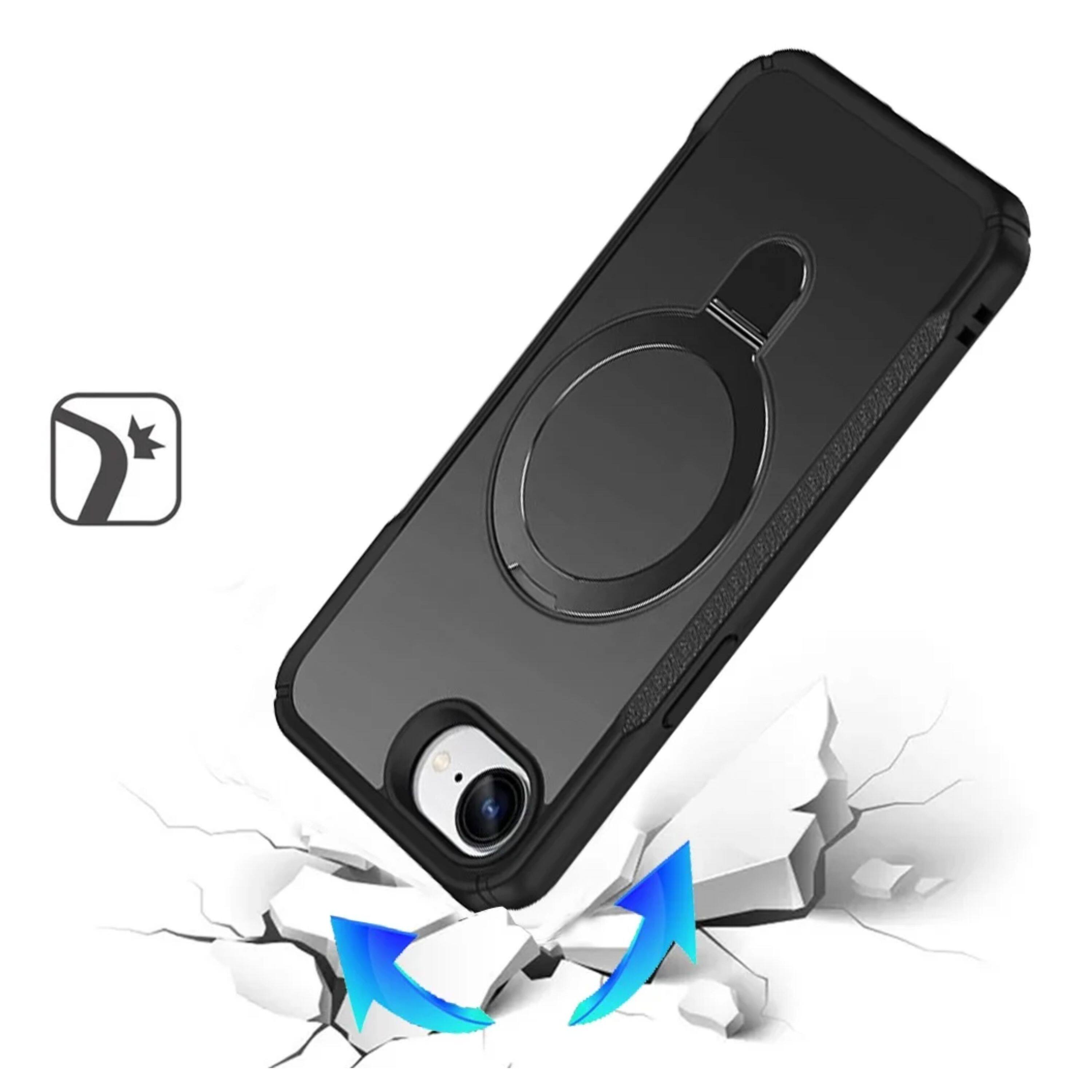 Angle. Kitcheniva - Matte Hybrid Magnetic Circle Stand Phone Case With Tempered Glass For iPhone 16e/17e Black - Black.