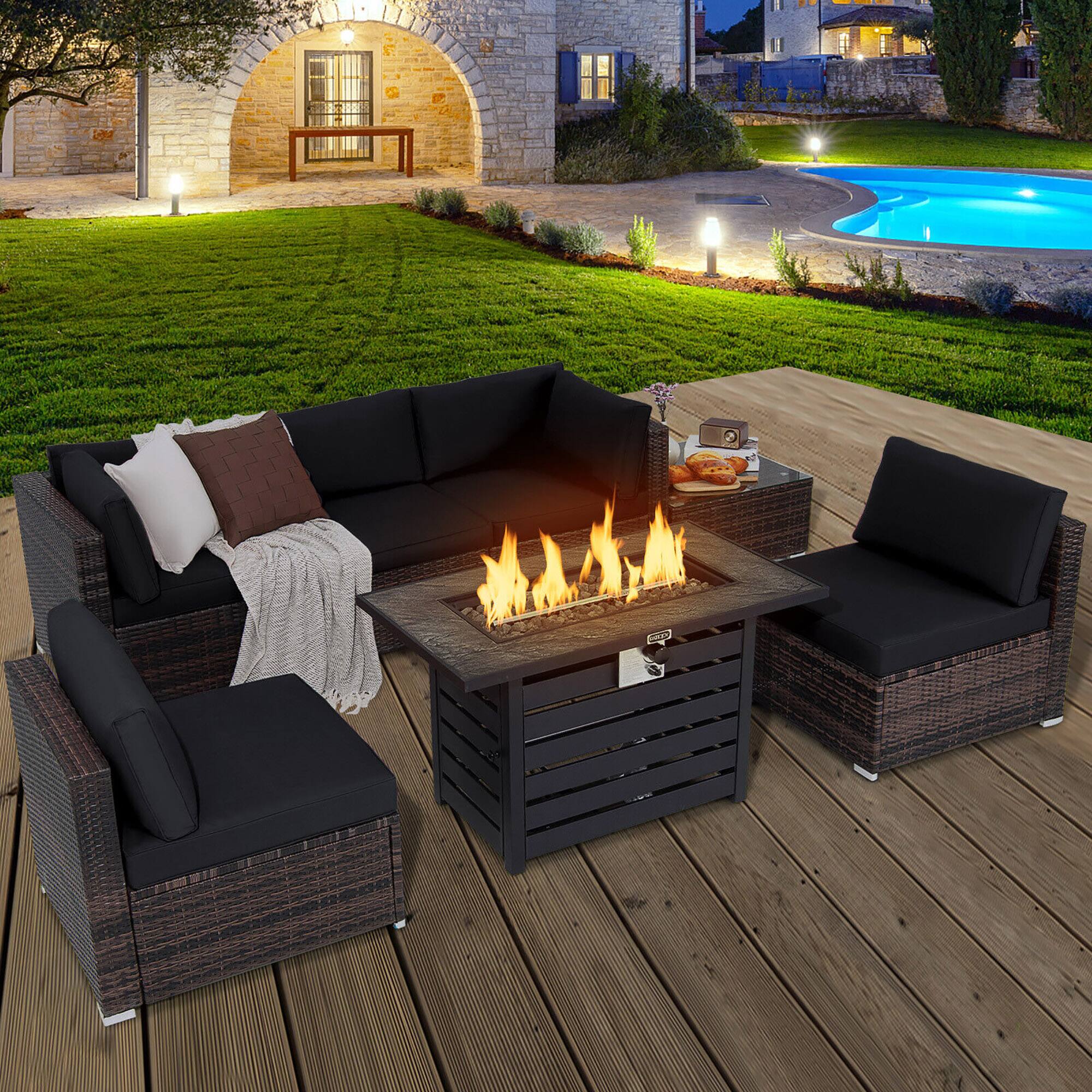 Alt View 3. Gymax - Gymax 7PCS Patio Rattan Furniture Set 42'' Fire Pit Table w/ Cover Cushioned Black - Black.