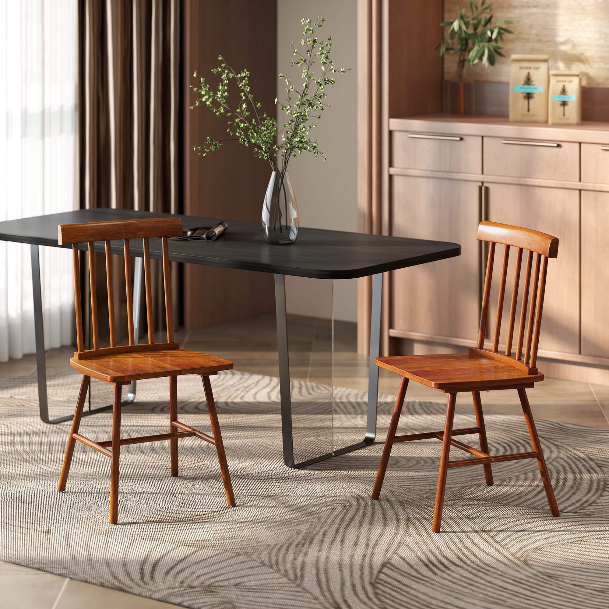 Homcom - Chairs Set of 2, Farmhouse Wood Kitchen Chairs with Rubber Wood Frame, Spindle Back for Dining Room - Light Brown