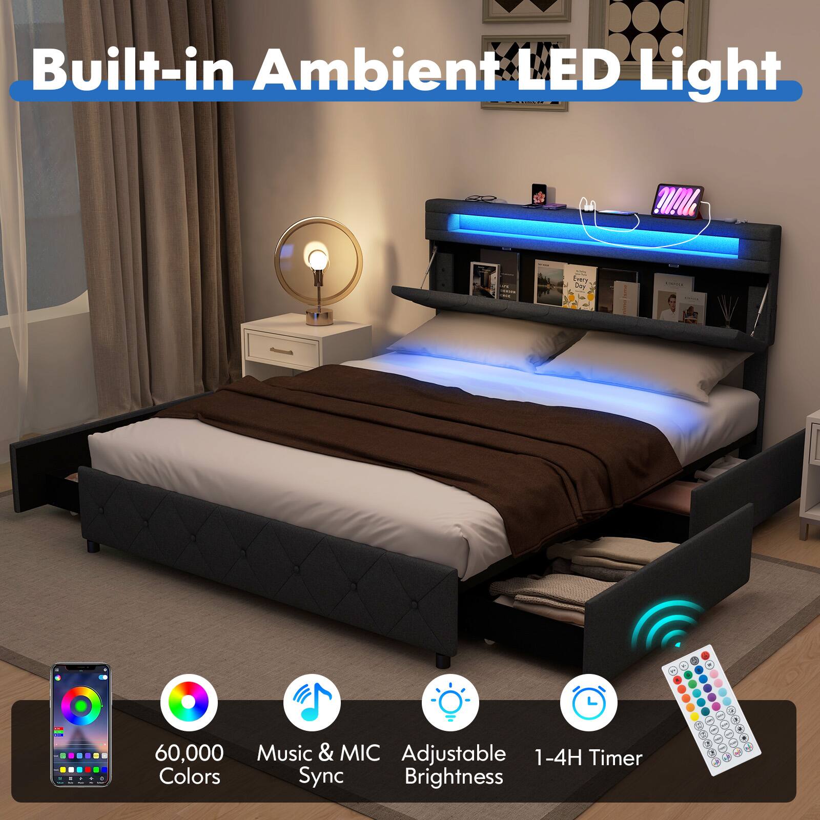 Built-in Ambient LED Light

- 60,000 Colors
- Music & MIC Sync
- Adjustable Brightness
- 1-4H Timer