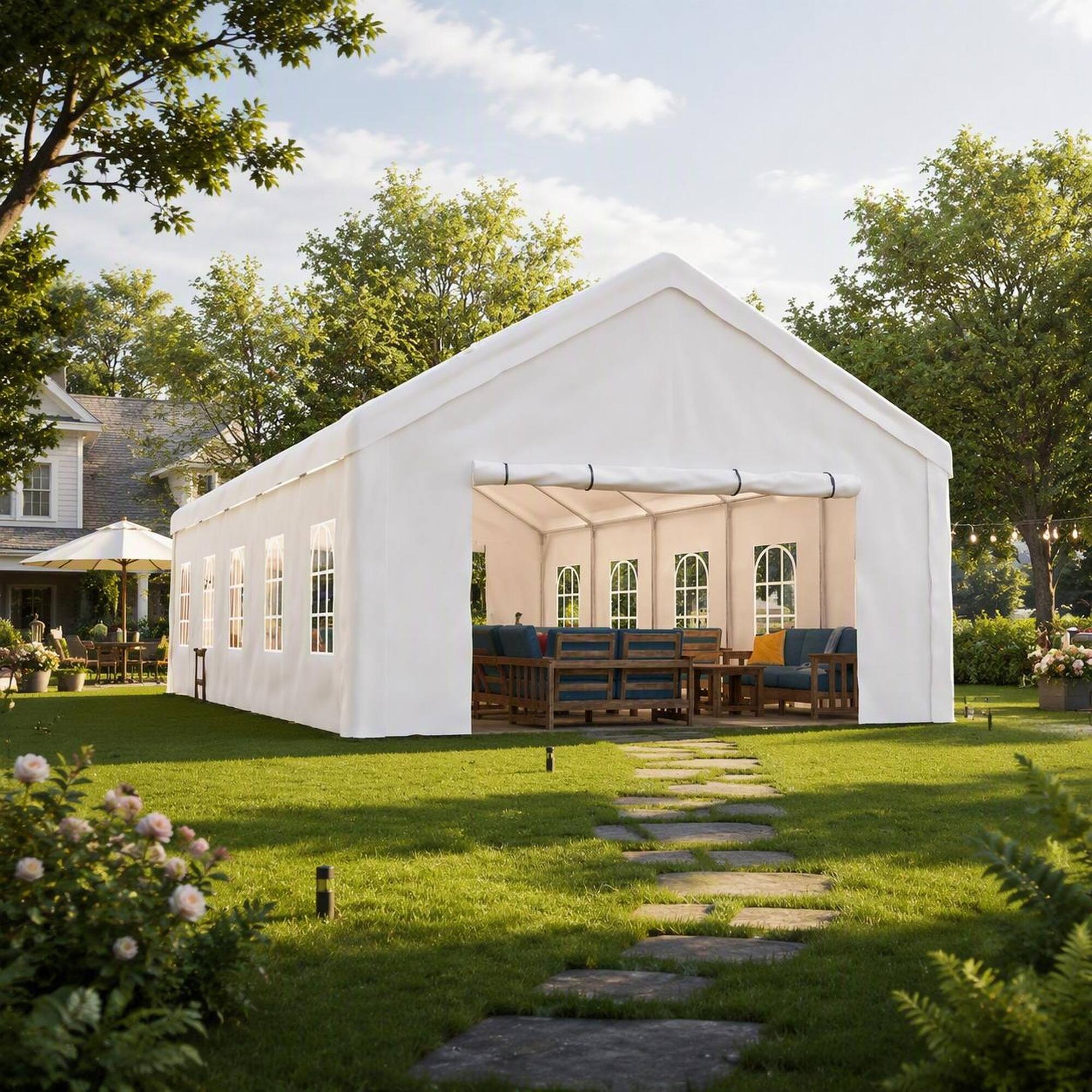 Angle. RYHNUYNE - 16x32 FT Party Canopy 3 Bags Detachable Screened Walls Weddings BBQs Camping Carport - White.
