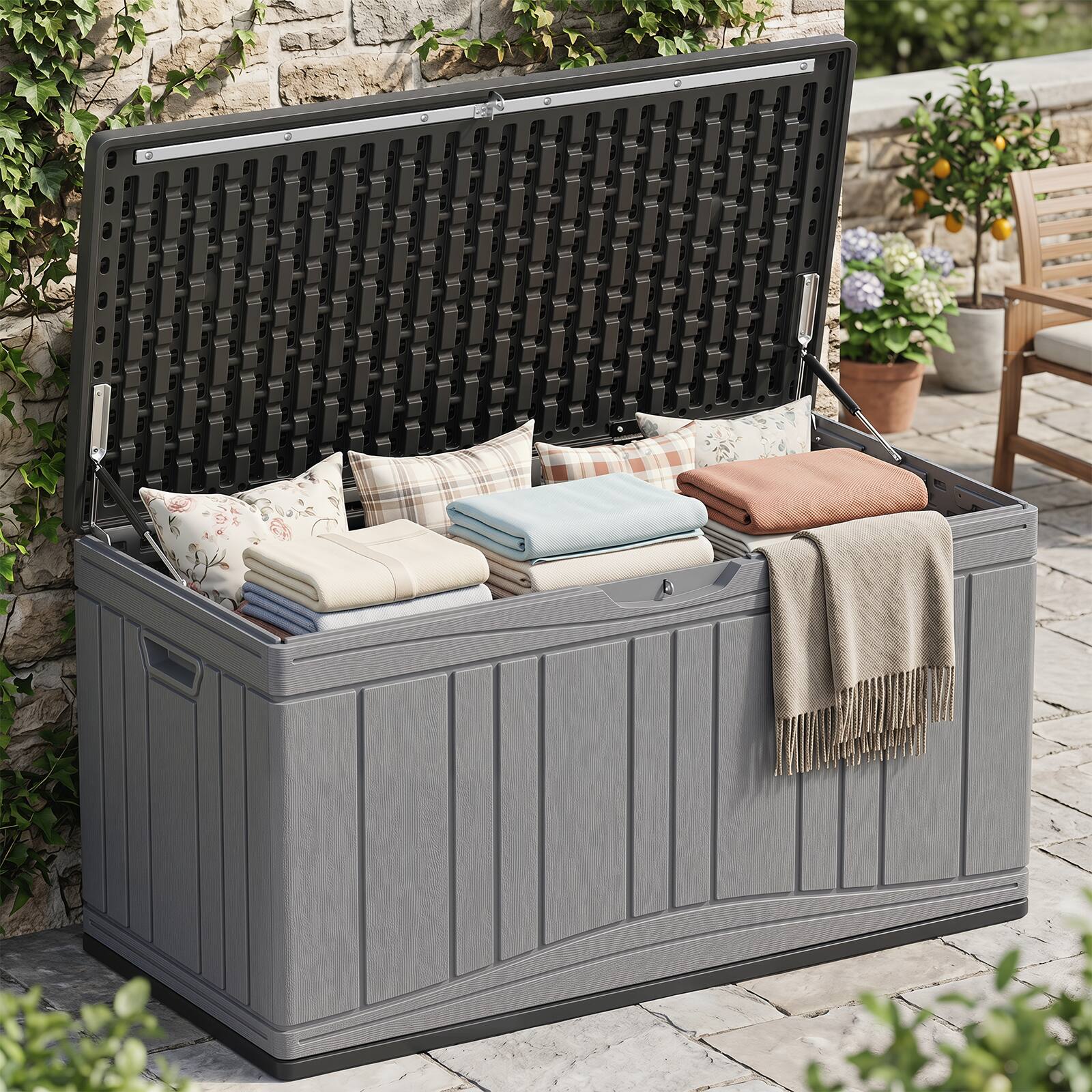 Alt View 1. Costway - Costway 80 Gallon Outdoor Deck Box with Gas Struts & Lock-Compatible Lid for Packages - Gray + Dark Gray.