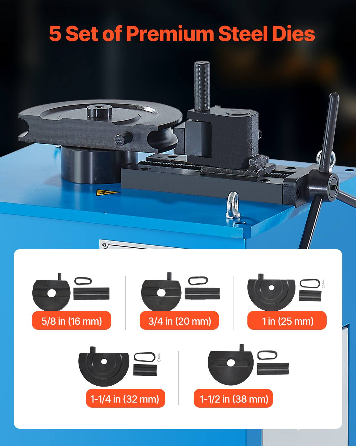 5 Set of Premium Steel Dies

5/8 in (16 mm)  
3/4 in (20 mm)  
1 in (25 mm)  
1-1/4 in (32 mm)  
1-1/2 in (38 mm)