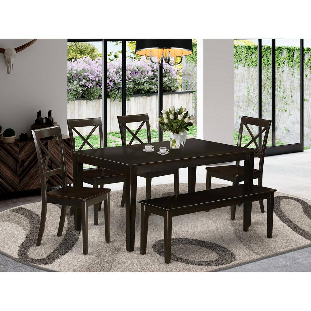Back. East West Furniture - 6 PC Dining room set-Kitchen Table and 4 Chairs and a Bench - Cappuccino.