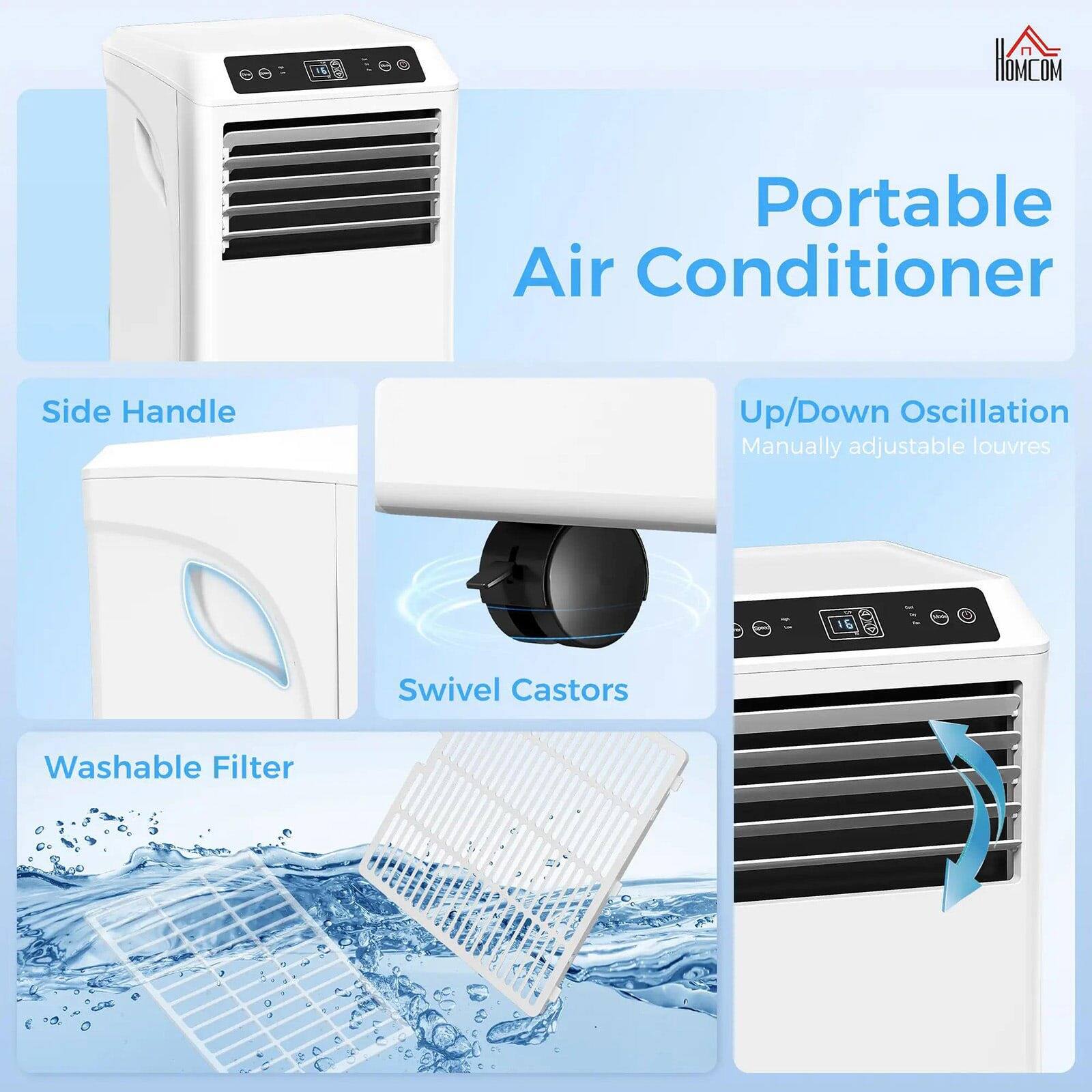 - Portable Air Conditioner
- Side Handle
- Up/Down Oscillation
  - Manually adjustable louvres
- Swivel Castors
- Washable Filter