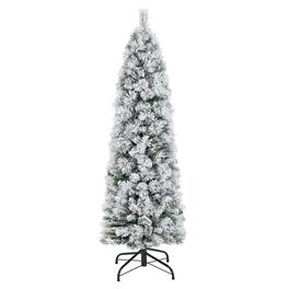 Costway - 4.5 FT Pre-Lit Slim Christmas Tree Flocked Decoration with Pine Needles & Lights - Green /White