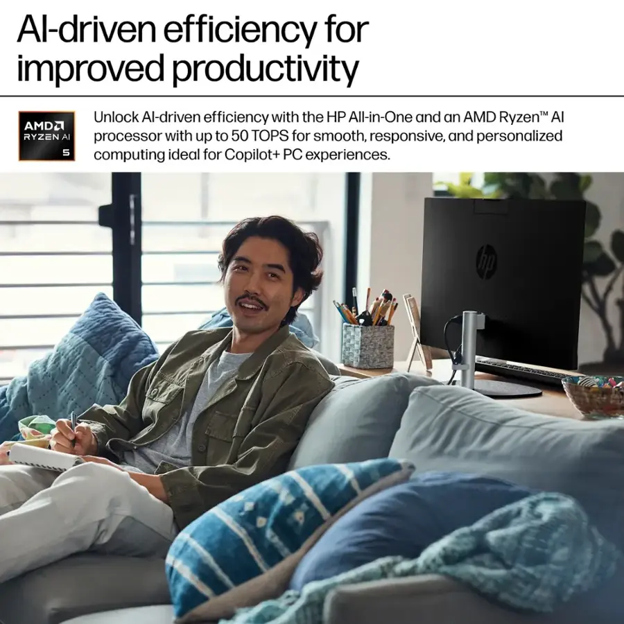 Al-driven efficiency for improved productivity Unlock Al-driven efficiency with the HP All-in-One and an AMD Ryzen Al AMD2 RYZEN Al processor with up to 50 TOPS for smooth, responsive, and personalized computing ideal for Copilot+ PC experiences.