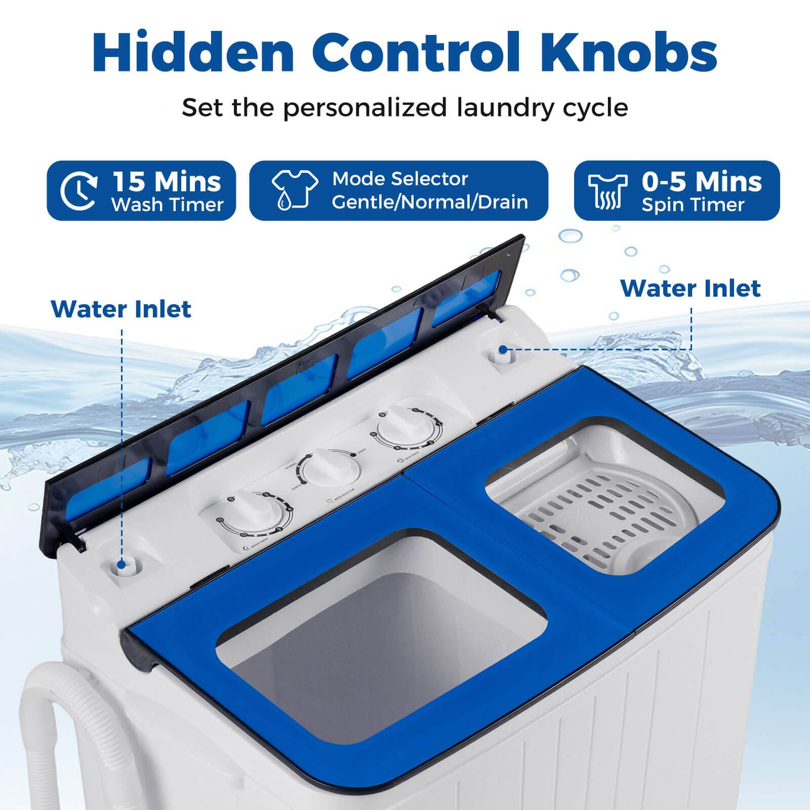 Hidden Control Knobs  
Set the personalized laundry cycle  

- 15 Mins Wash Timer  
- Mode Selector Gentle/Normal/Drain  
- 0-5 Mins Spin Timer  
- Water Inlet