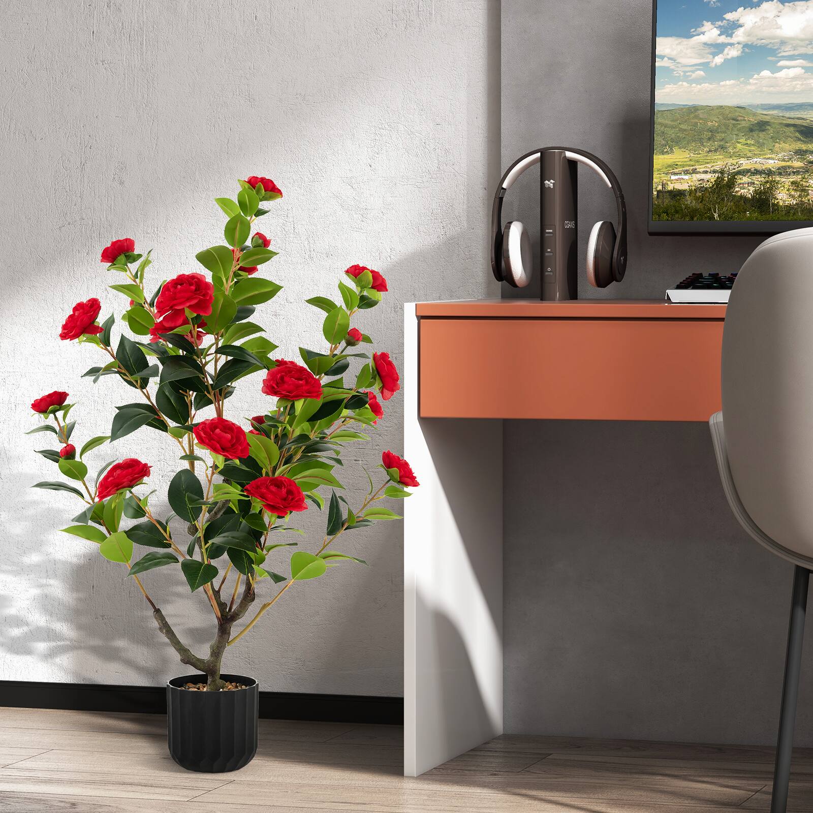 Alt View 1. Costway - Costway 1-Pcak 38" Artificial Camellia Tree Faux Floral Plant Fake Tree for Decoration - Red.