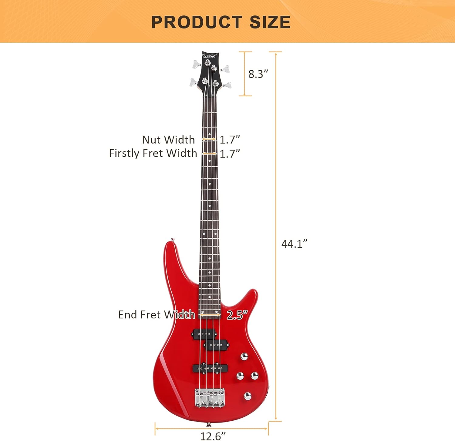 PRODUCT SIZE

- Nut Width: 1.7"
- Firstly Fret Width: 1.7"
- End Fret Width: 2.5"
- Total Length: 44.1"
- Body Width: 8.3"
- Body Depth: 12.6"