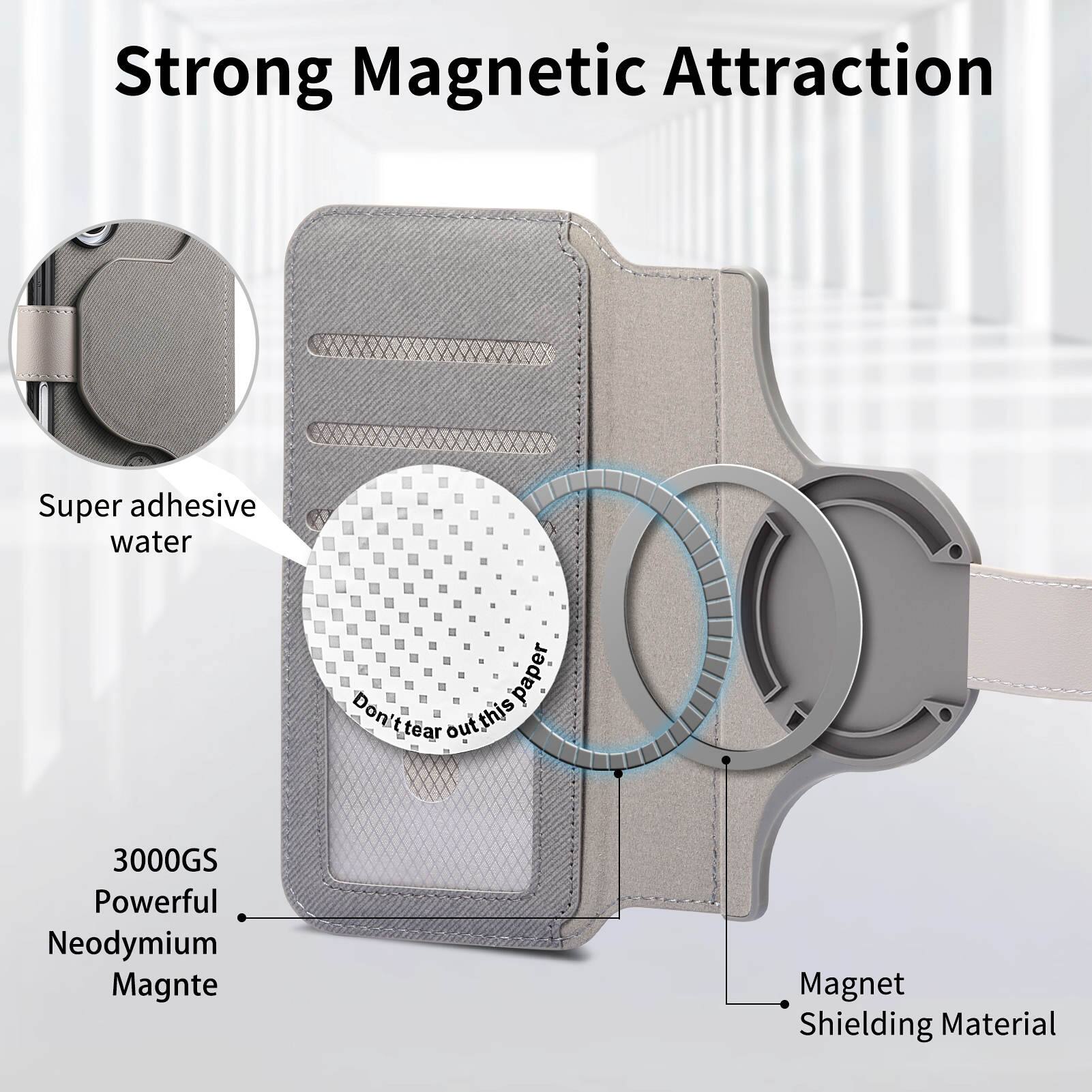 Strong Magnetic Attraction  
Super adhesive water paper  
Don't tear out this paper  
3000GS Powerful Neodymium Magnet  
Magnet Shielding Material