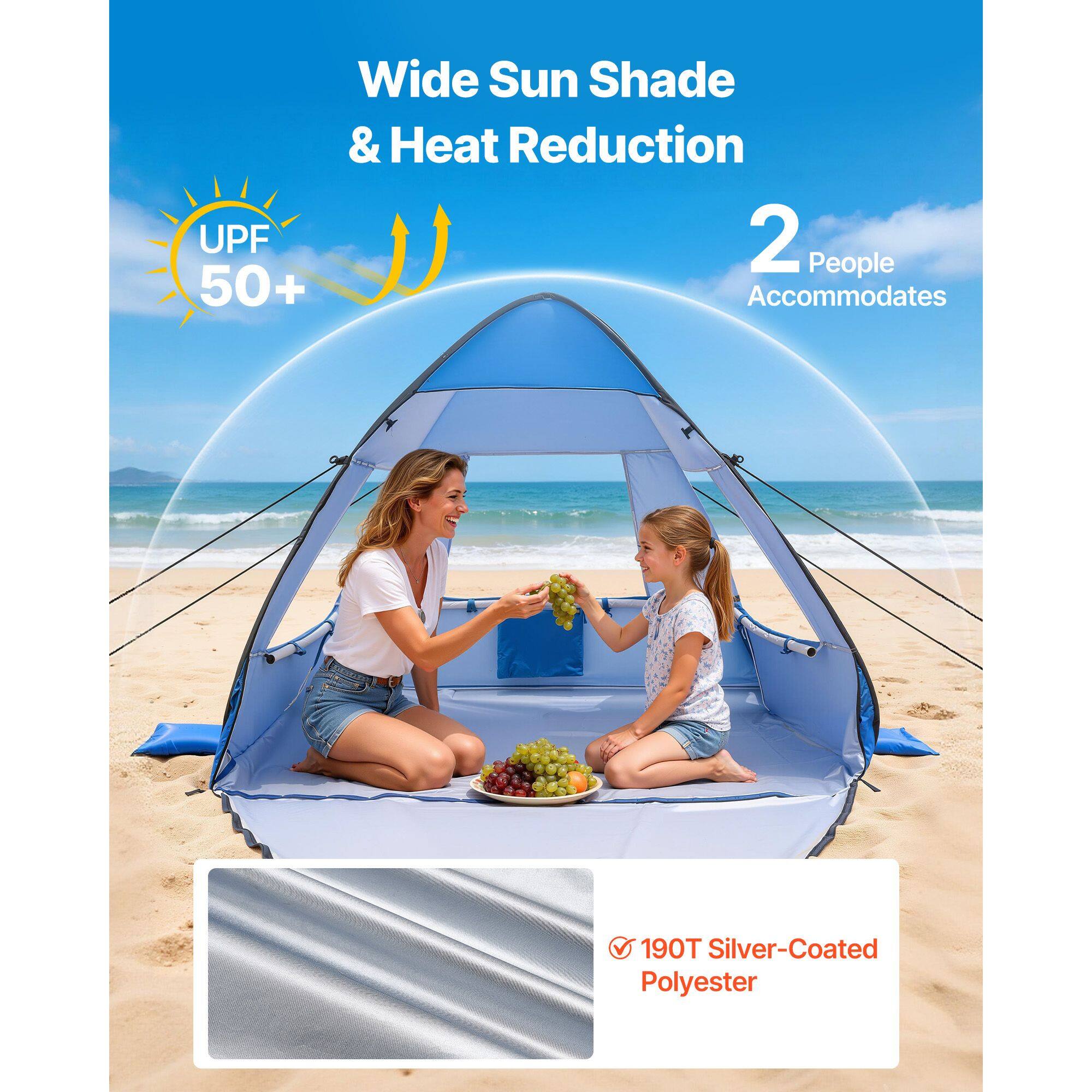 Wide Sun Shade & Heat Reduction  
UPF 50+  
2 People Accommodates  
190T Silver-Coated Polyester