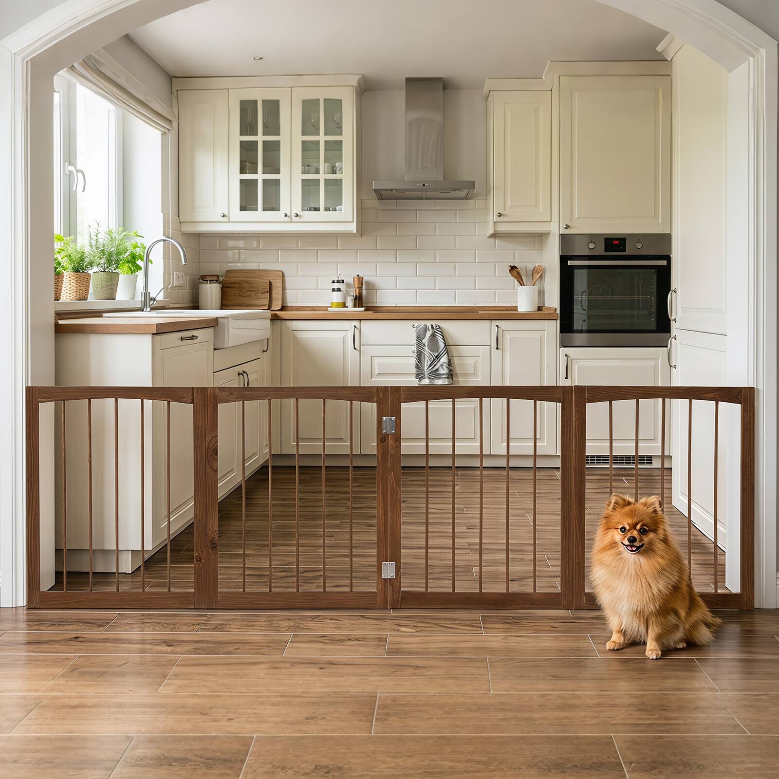 Alt View 1. Gymax - Gymax 83'' L x 30'' H Dog Gate 4-Panel Wooden Pet Fence for Indoor Stairs Doorway Brown - Brown.