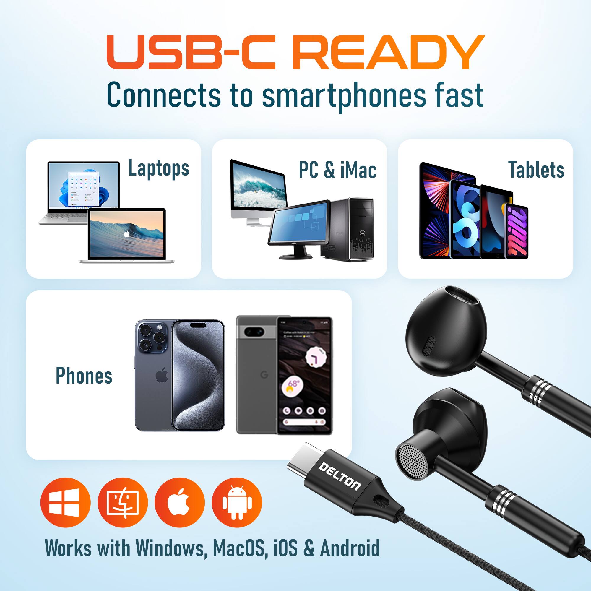 USB-C READY  
Connects to smartphones fast  

Laptops  
PC & iMac  
Tablets  
Phones  

Works with Windows, MacOS, iOS & Android