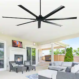 Parrot Uncle - 100" Industrial Indoor Outdoor Remote Ceiling Fan without Light for Shop Garage, Reversible DC Motor, 7 Aluminum Blades - Matte Black