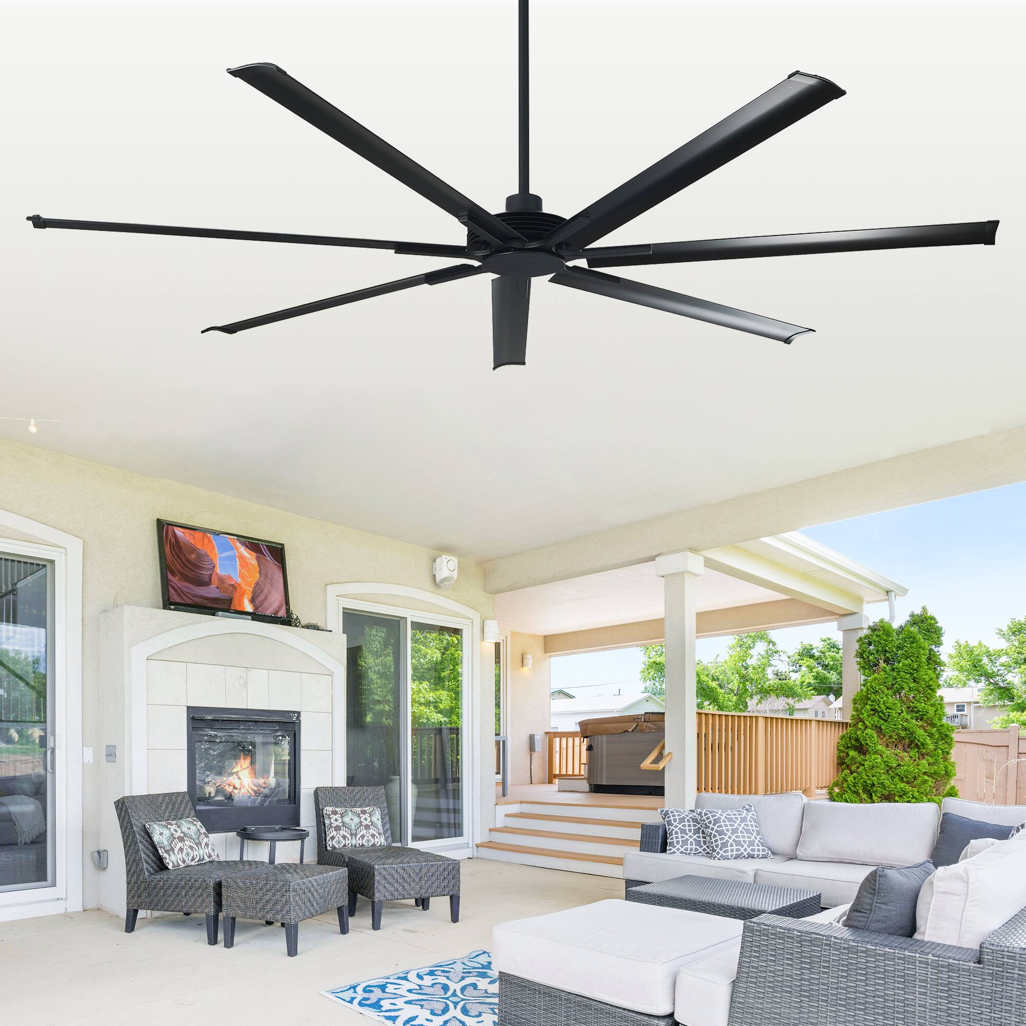 Front. Parrot Uncle - 100" Industrial Indoor Outdoor Remote Ceiling Fan without Light for Shop Garage, Reversible DC Motor, 7 Aluminum Blades - Matte Black.