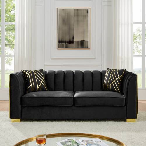 Angle. Anysun - 81" 3-Seat Velvet Chesterfield Sofa with 2 Pillows - Button Tufted, Gold Stainless Steel Accents for Living Room. - Black.