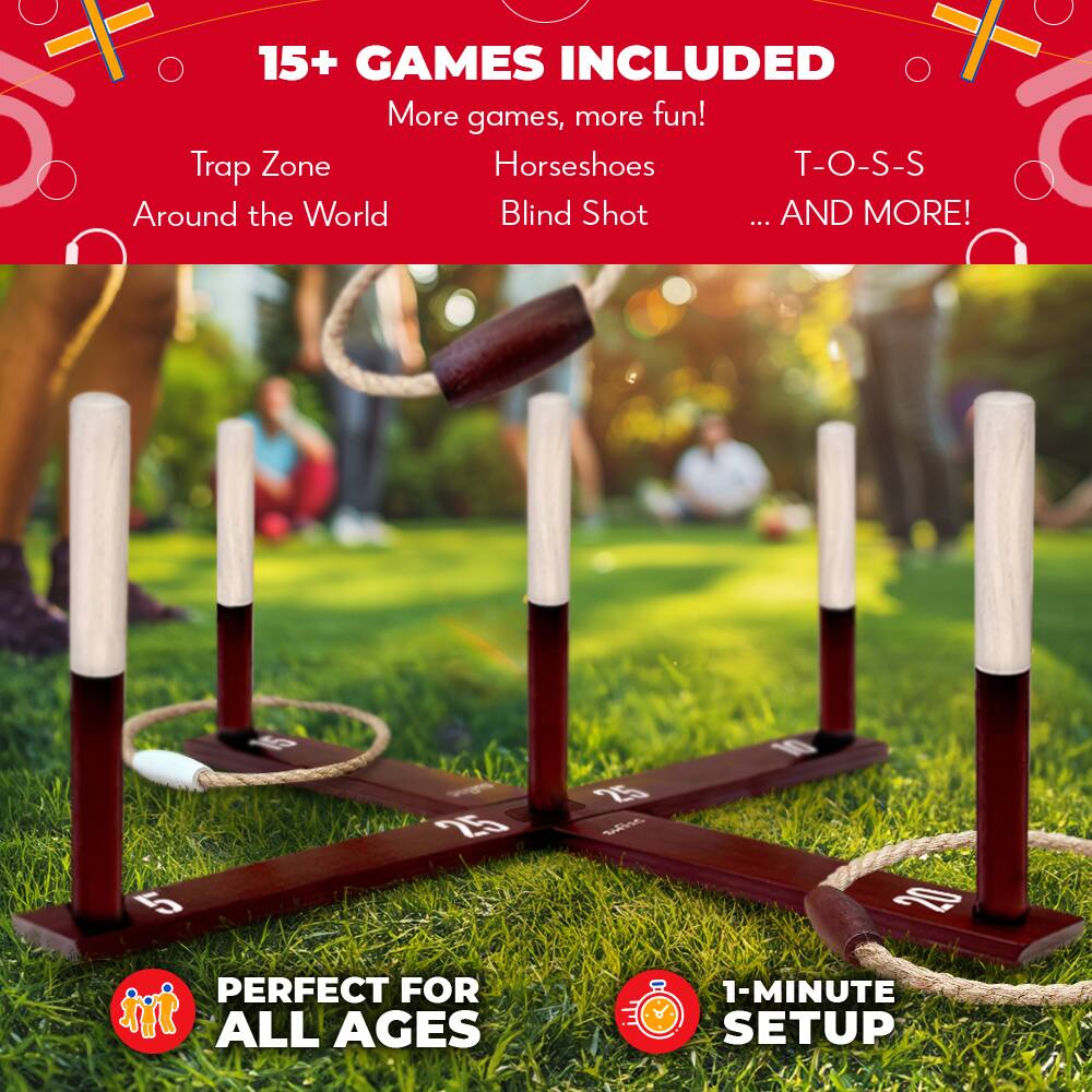 15+ GAMES INCLUDED  
More games, more fun!  
Trap Zone  
Around the World  
Horseshoes  
Blind Shot  
T-O-S-S  
... AND MORE!  

PERFECT FOR ALL AGES  

1-MINUTE SETUP