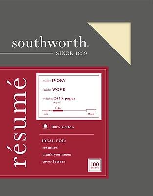 southworth.  
SINCE 1839  

resume  
é  

color: IVORY  
finish: WOVE  
weight: 24 lb. paper  

100% Cotton  

IDEAL FOR:  
resumes  
thank you notes  
cover letters  

100 SHEETS