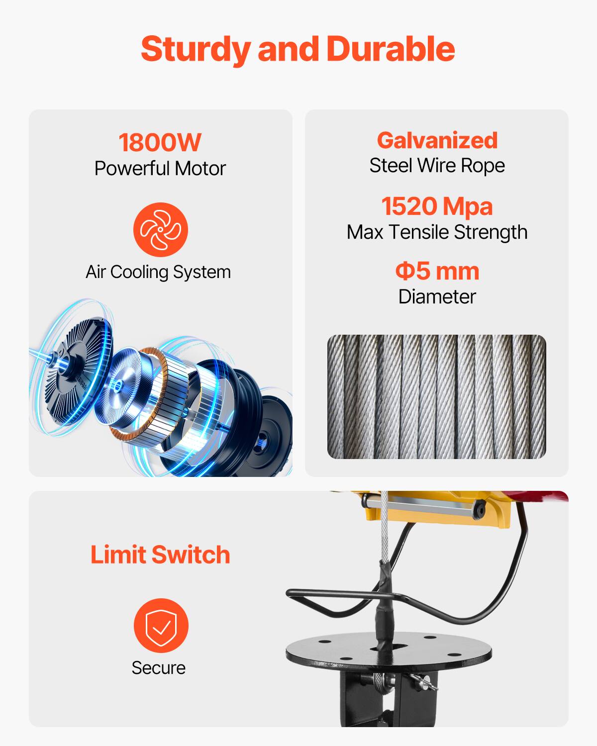 Sturdy and Durable  
1800W Powerful Motor  
Air Cooling System  
Galvanized Steel Wire Rope  
1520 Mpa Max Tensile Strength  
5 mm Diameter  
Limit Switch  
Secure
