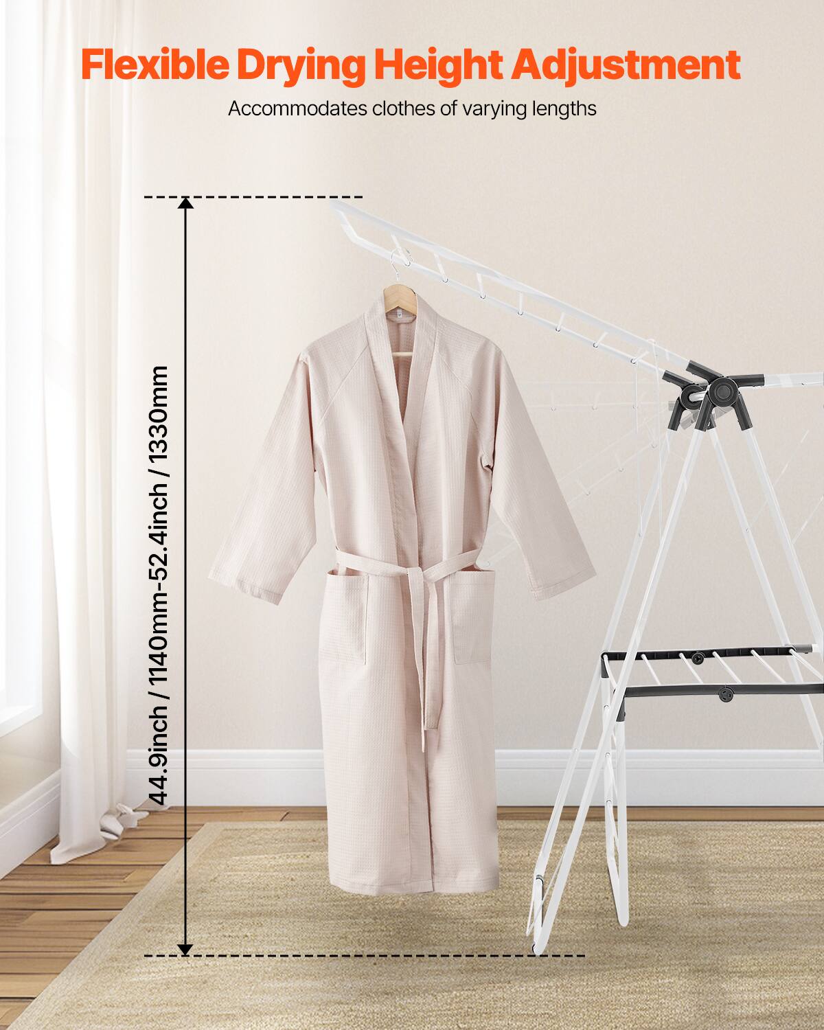 Flexible Drying Height Adjustment: Accommodates clothes of varying lengths. 1330mm / 1140mm - 52.4 inches / 44.9 inches.
