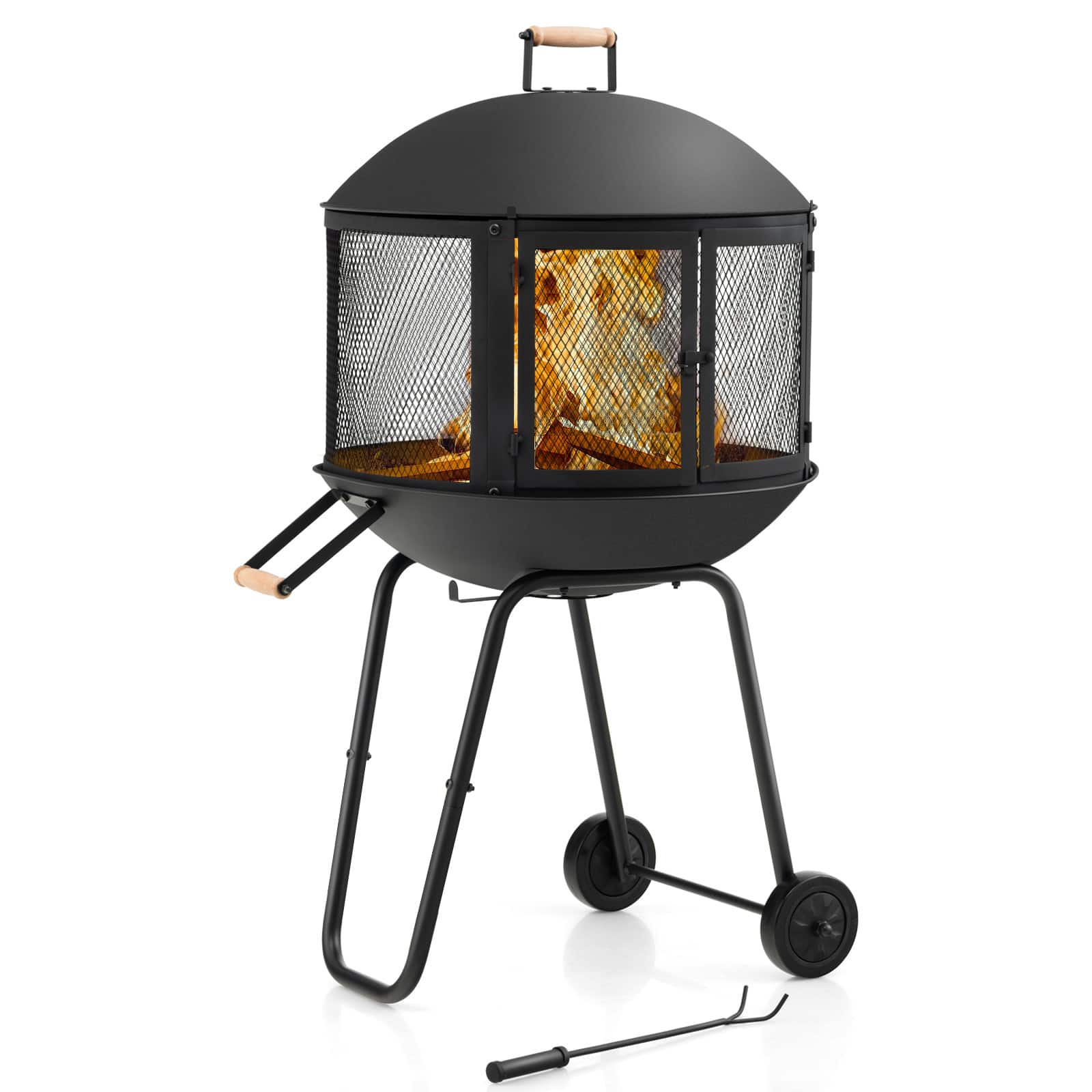 Front. Costway - 28" Patio Rolling Fire Pit Wood Burning Firepit w/ Wheels Mobile Fireplace - Black.