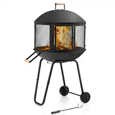 Front. Costway - 28" Patio Rolling Fire Pit Wood Burning Firepit w/ Wheels Mobile Fireplace - Black.