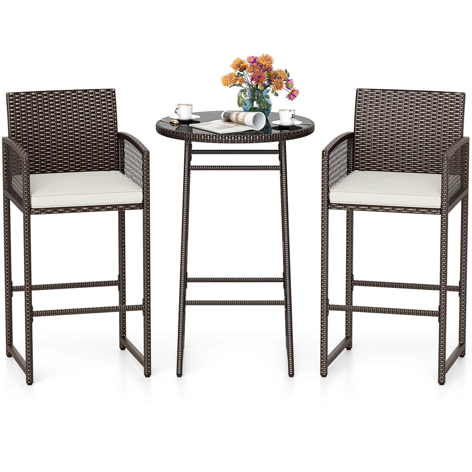 Costway - 3 Piece Wicker Patio Bar Set with 2 Seat Cushions Glass Tabletop for Backyard - Mix Brown,Off White price history on PriceWatchPro