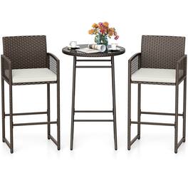Costway - 3 Piece Wicker Patio Bar Set with 2 Seat Cushions Glass Tabletop for Backyard - Mix Brown,Off White