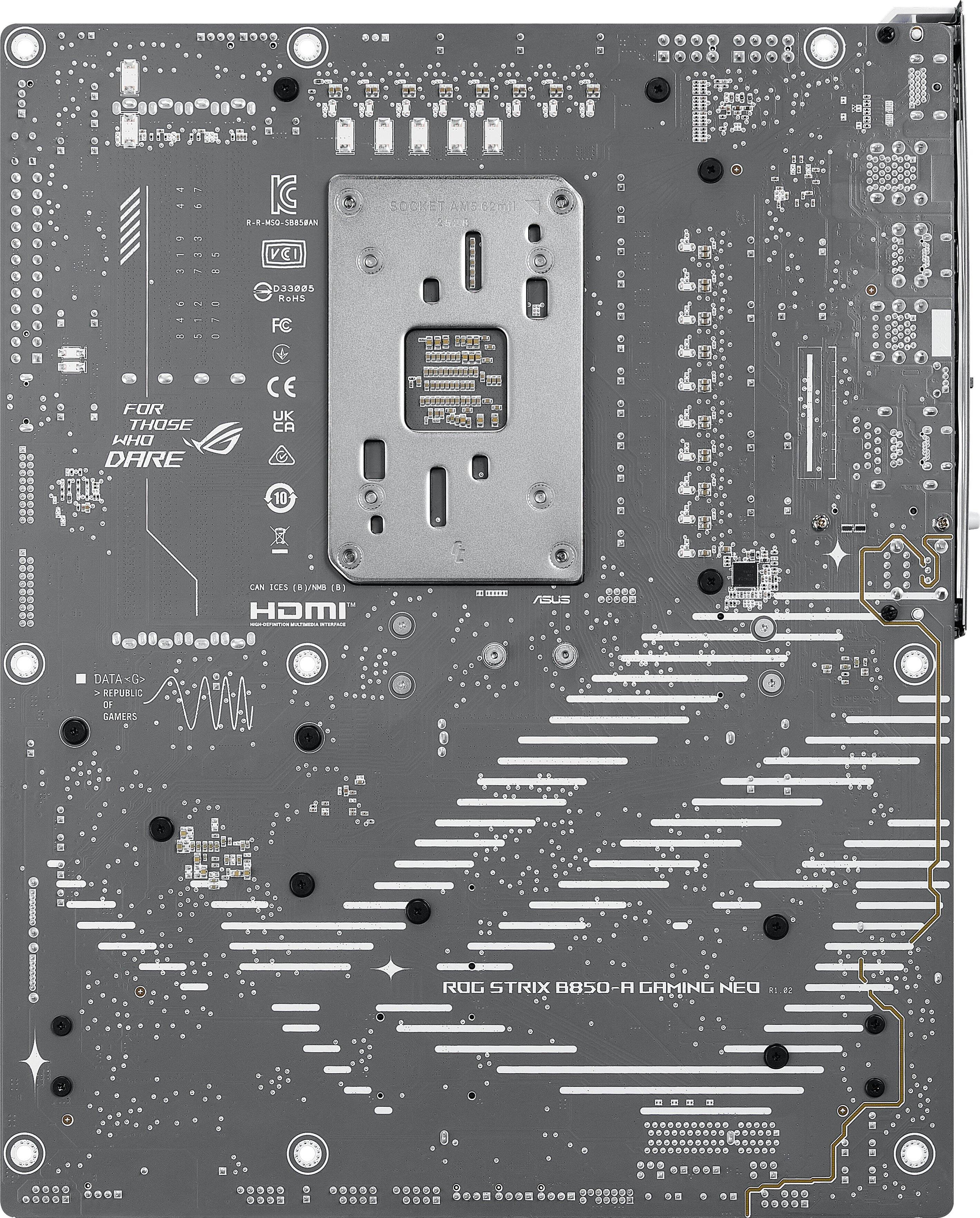 8 d005R IC R.R.HSO HSDSBaSBAN SOOKET AM5 62ml VEI D33085 ReHS FC FOR THOSE WHO DARE IOI UK CA 10 0-0 a8 CAN ICES (B HDMI SIO ASUS DATAxG> . REPUBLIC OF GAMERS : I ROG STRIX B850-A GAMING NEO