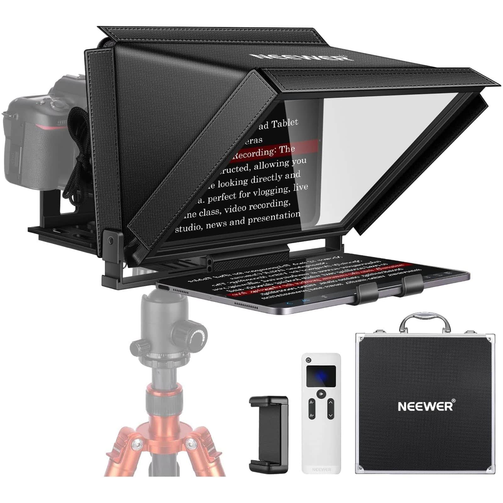 Neewer - 14" Aluminum Teleprompter for iPad & DSLR - with Remote, Case & App for Streaming & Teaching - Black