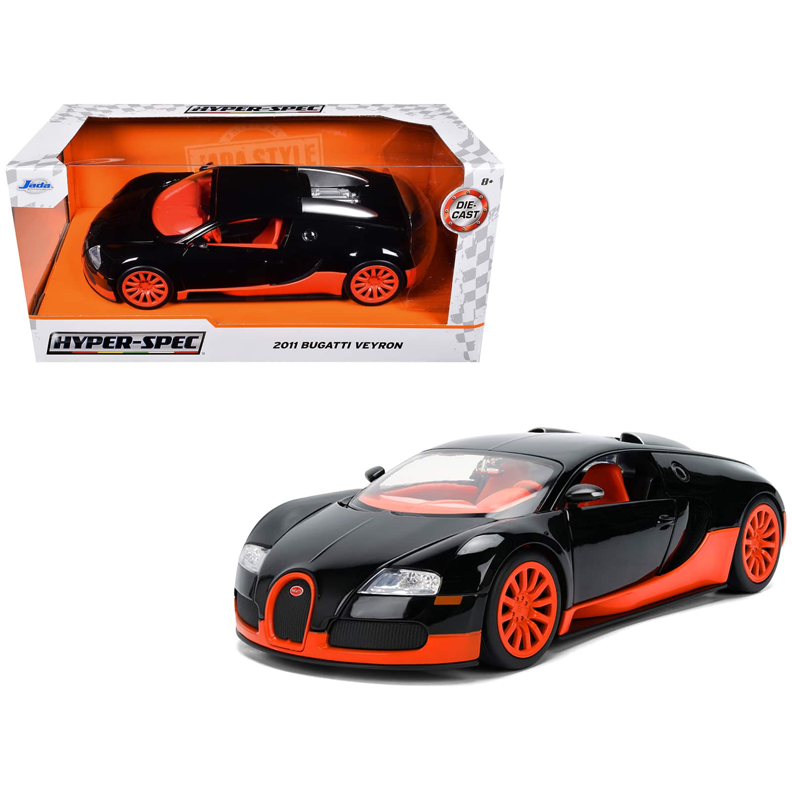 "2011 Bugatti Veyron Black with Orange Accents and Orange Interior ""Hyper-Spec"" Series 1/24 Diecast Model Car by Jada" price history on PriceWatchPro