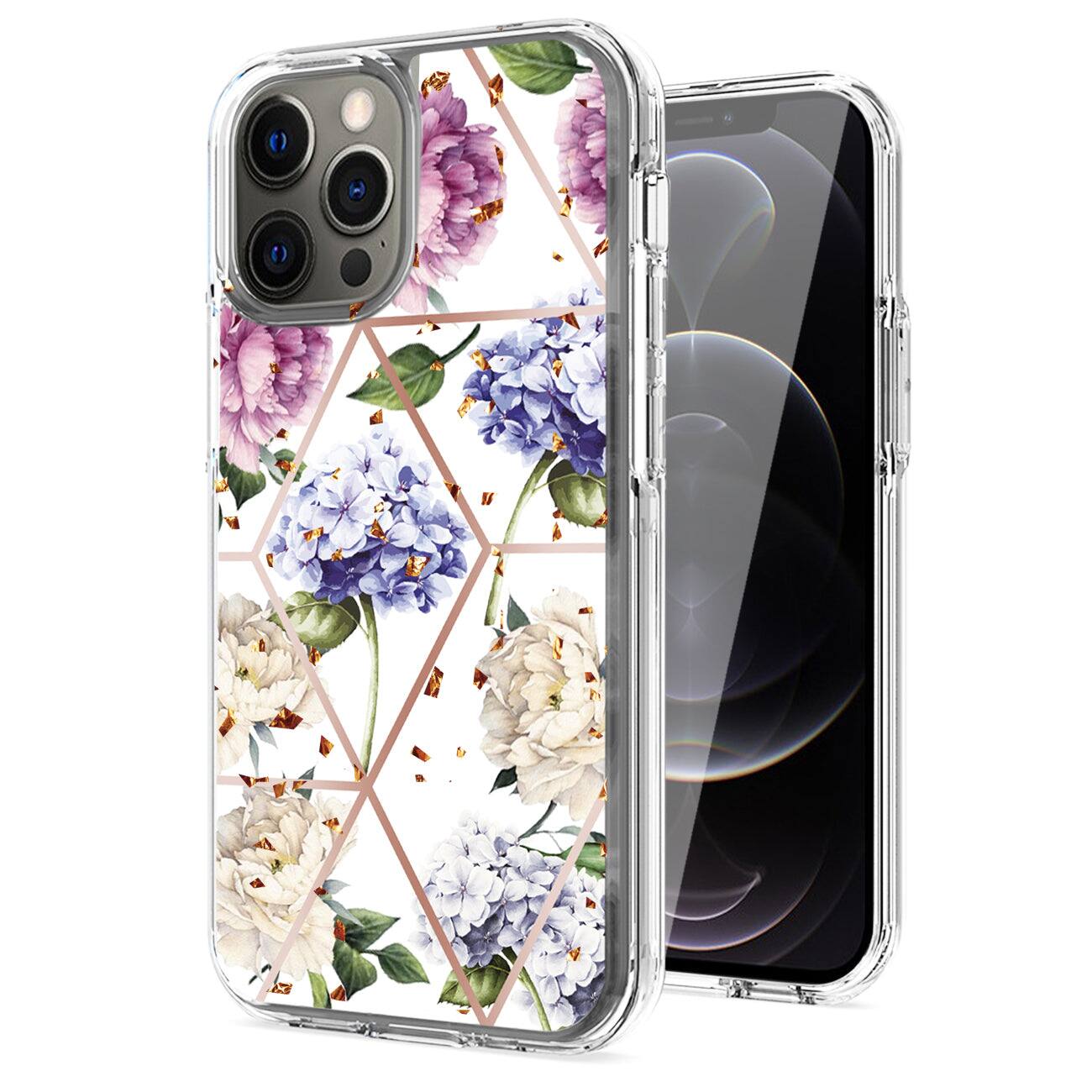 Front. Reiko - Flower Design Dual Layer Hybrid Hard Plastic & Soft TPU Case Cover for Apple iPhone 12 Pro Max Light Purple - Multicolor.