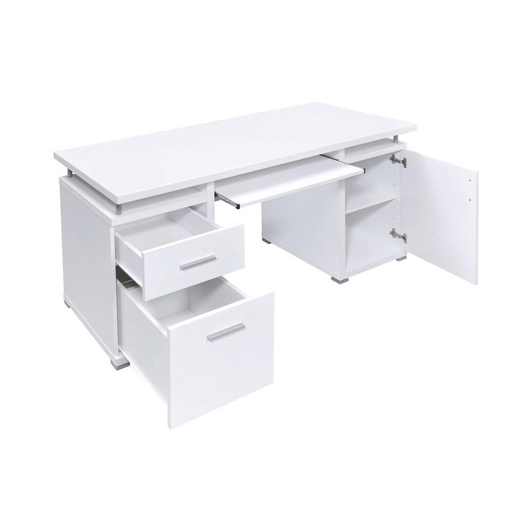 Back. Spaco - Spaco 55 Inch Office Desk 3-Drawer Storage, Legal Size File Cabinet and Keyboard Tray, Metal Frame Computer Workstation - White.