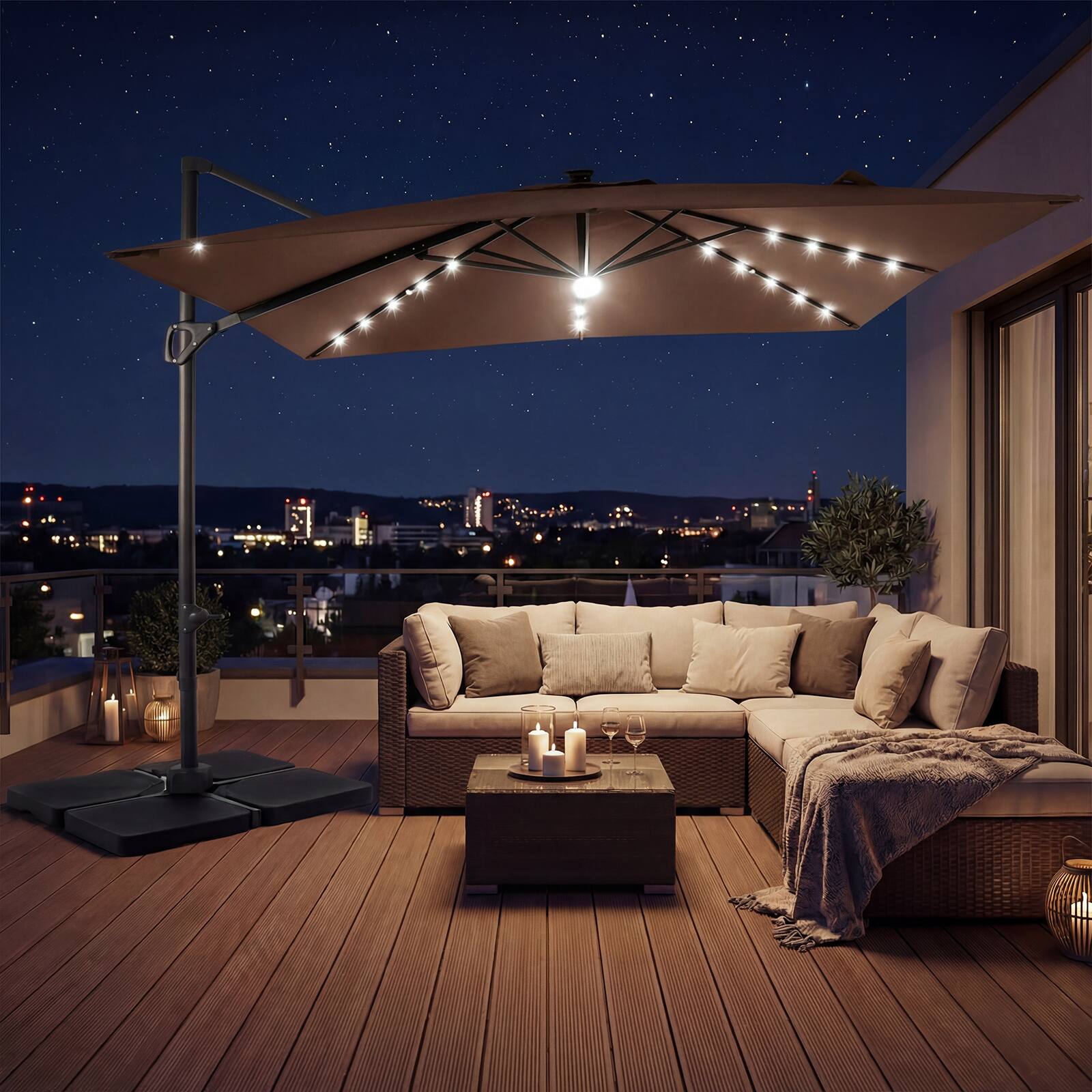 Alt View 3. Gymax - Gymax 10 FT Cantilever Outdoor Umbrella w/ 32 Solar LED Lights & 220 LBS Base Tan & Black - Bown.