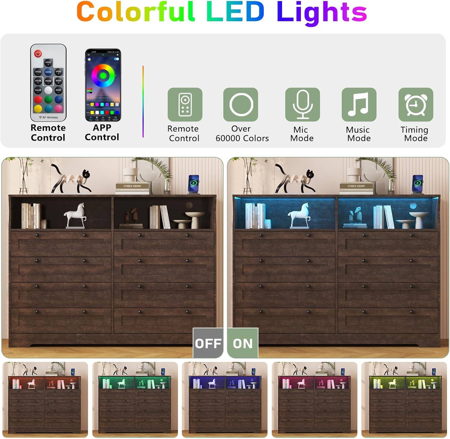 Colorful LED Lights

- Remote Control
- APP Control
- Remote Control
- Over 6000 Colors
- Mic Mode
- Music Mode
- Timing Mode

OFF ON
