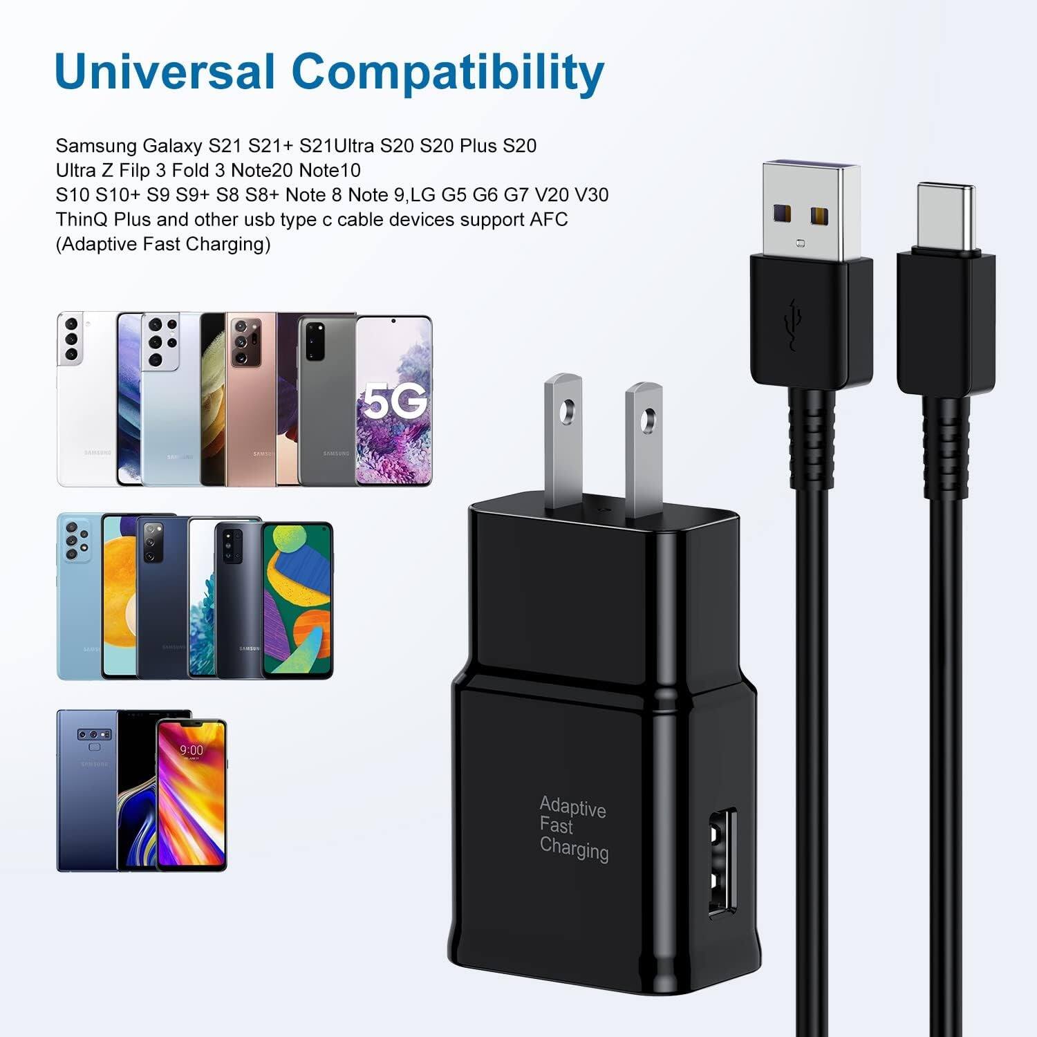 Universal Compatibility: Samsung Galaxy S21 S21+ S21Ultra S20 S20 Plus S20 Ultra Z Flip 3 Fold 3 Note20 Note10 S10 S10+ S9 S9+ S8 S8+ Note 8 Note 9, LG G5 G6 G7 V20 V30 ThinQ Plus and other USB type C cable devices support AFC (Adaptive Fast Charging)
