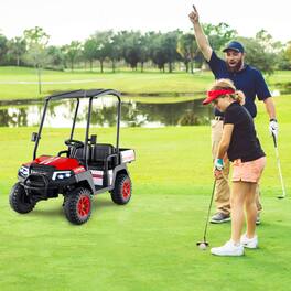 Costway - 24V 7AH Kids Golf Cart 4WD 2 Seater Ride on Car with Sun Shade & Dump Bed - Red