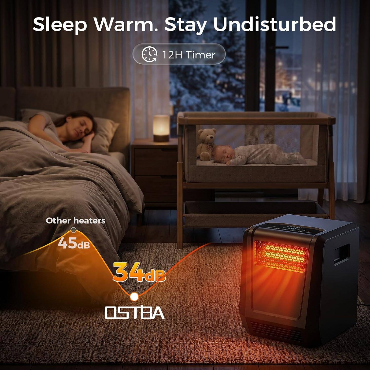 Sleep Warm. Stay Undisturbed

12H Timer

Other heaters
45dB 34dB

OSTBA