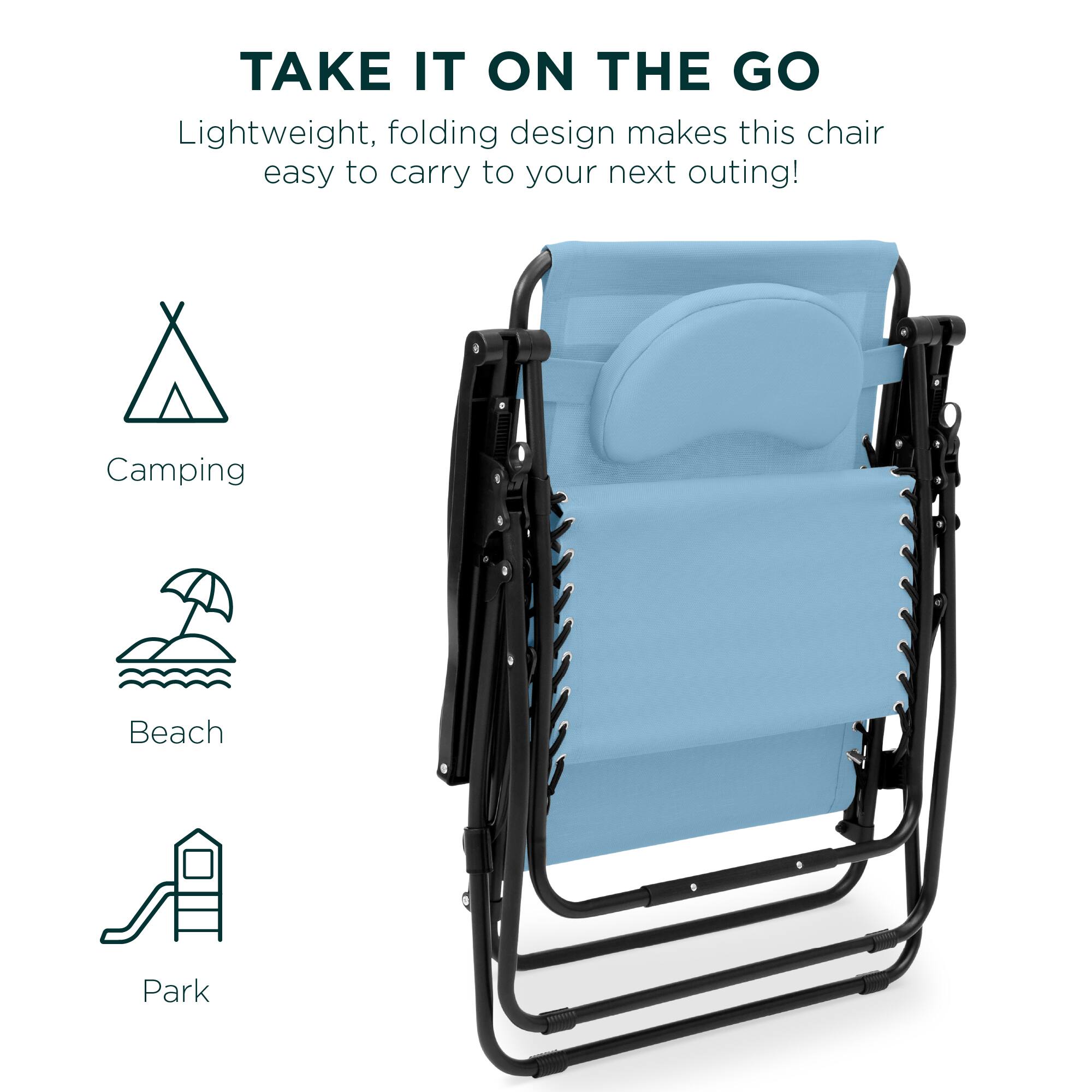 TAKE IT ON THE GO  
Lightweight, folding design makes this chair easy to carry to your next outing!  

Camping  
Beach  
Park