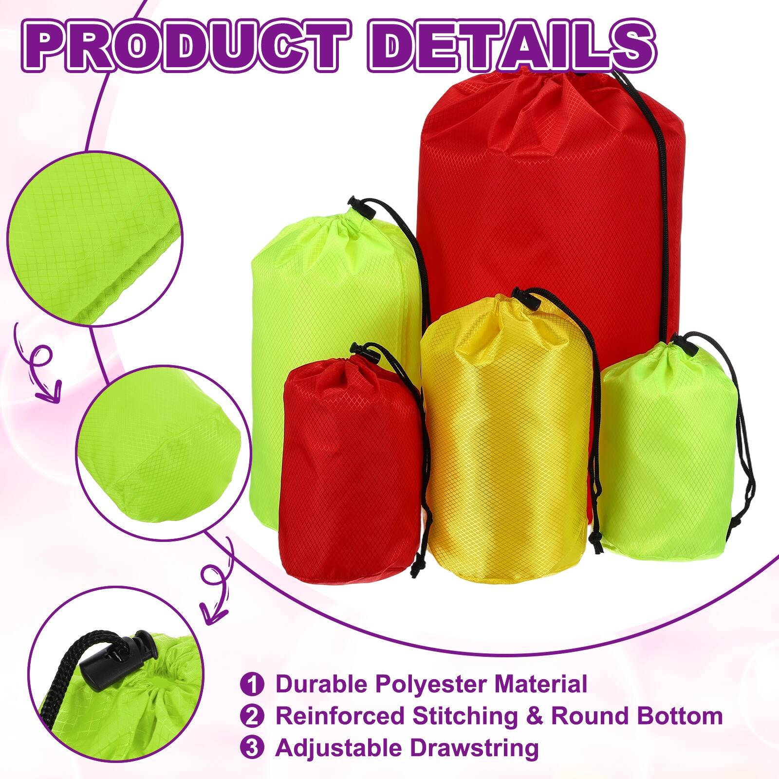 PRODUCT DETAILS

1. Durable Polyester Material
2. Reinforced Stitching & Round Bottom
3. Adjustable Drawstring