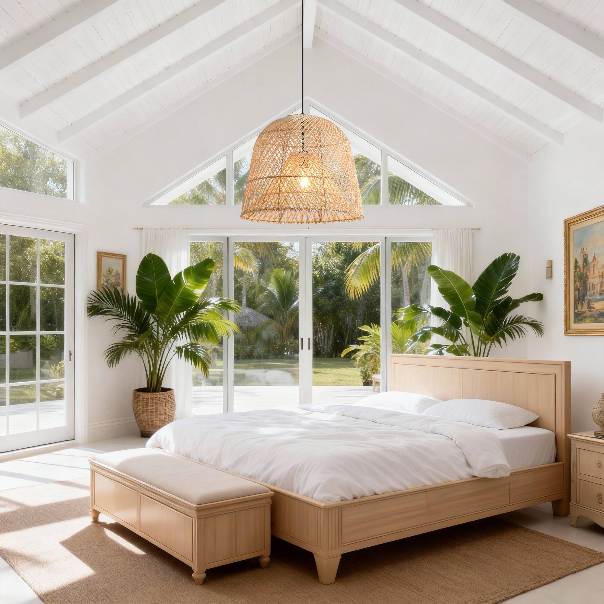 Left. Parrot Uncle - 1-Light Coastal Retro Brown Rattan Hand-Woven Cloche Hanging Basket Pendant Light - Brown.