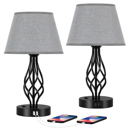 Front. Oumilen - Twisted Iron Base Table Lamp with USB & AC Ports Grey Shade.