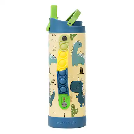 Front. Elemental - Iconic Pop Stainless Steel Fidget Water Bottle 14 Oz, Flip-open Sports Cap, Dinosaur Design - Dinosaur.