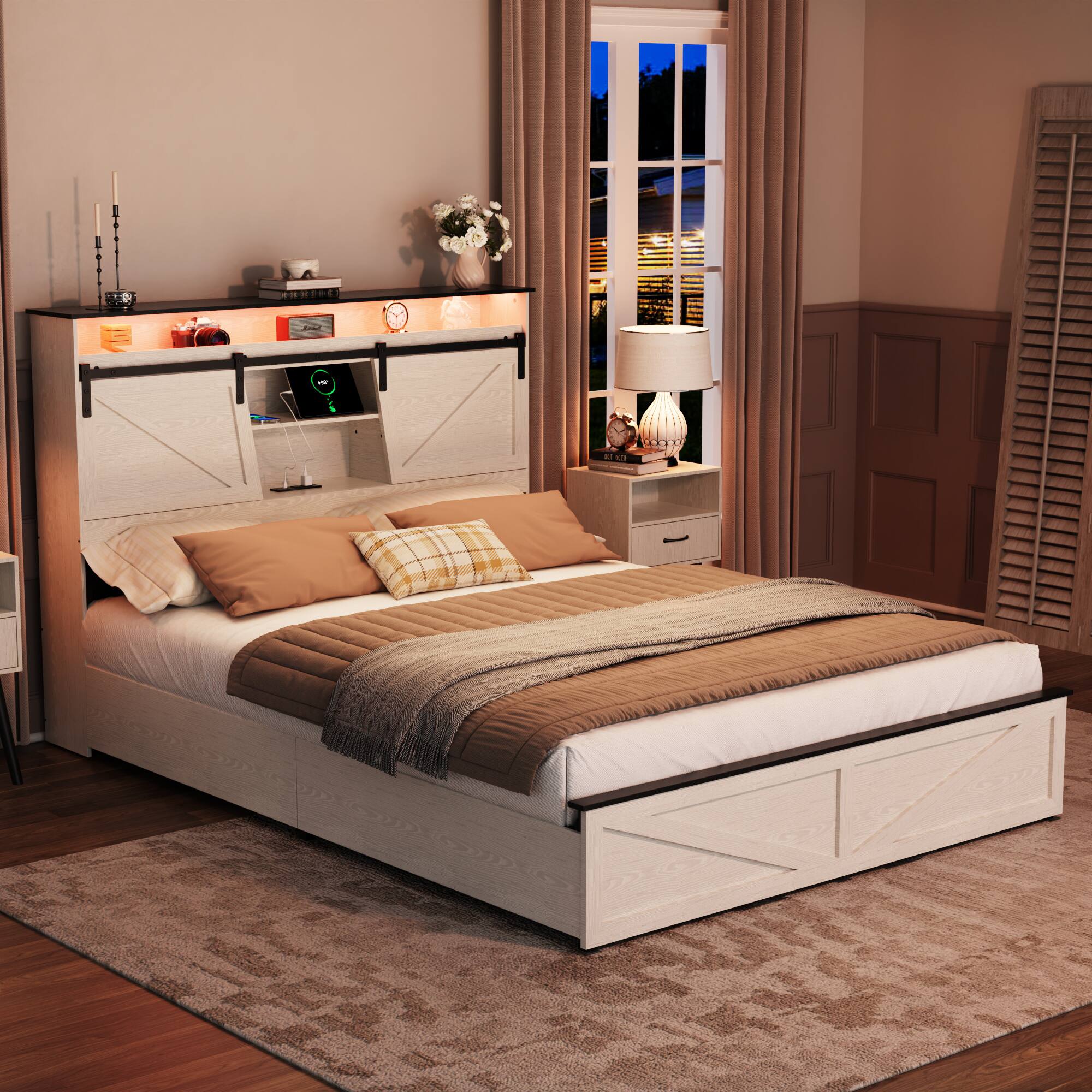 Back. LUCKY ONE - Farmhouse Queen Size Bed Frame with Storage Headboard and Drawers,Charging Station & LED Lights - White.