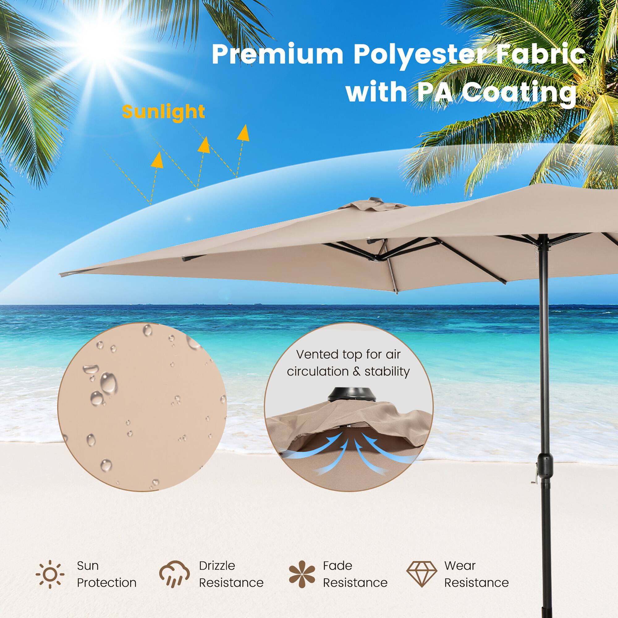 Premium Polyester Fabric with PA Coating, Sunlight, Vented top for air circulation & stability, Sun Protection, Drizzle Resistance, Fade Resistance, Wear Resistance