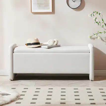 Front. Pinmoco - Rectangular Corduroy Upholstered Ottoman Bench with Storage - White.