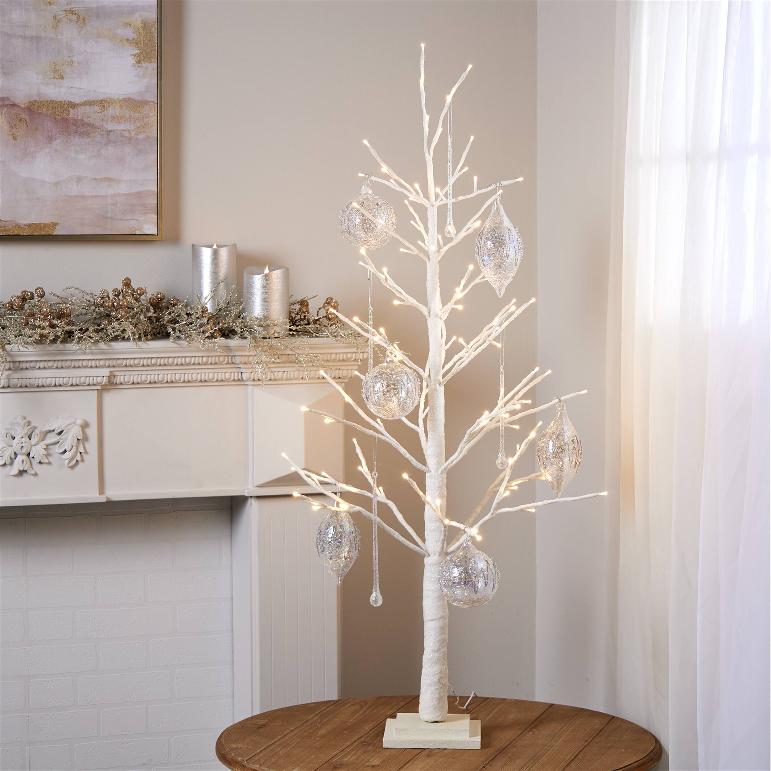 Angle. BreeBe - LED Glittered Twig Tree 48"H - White.