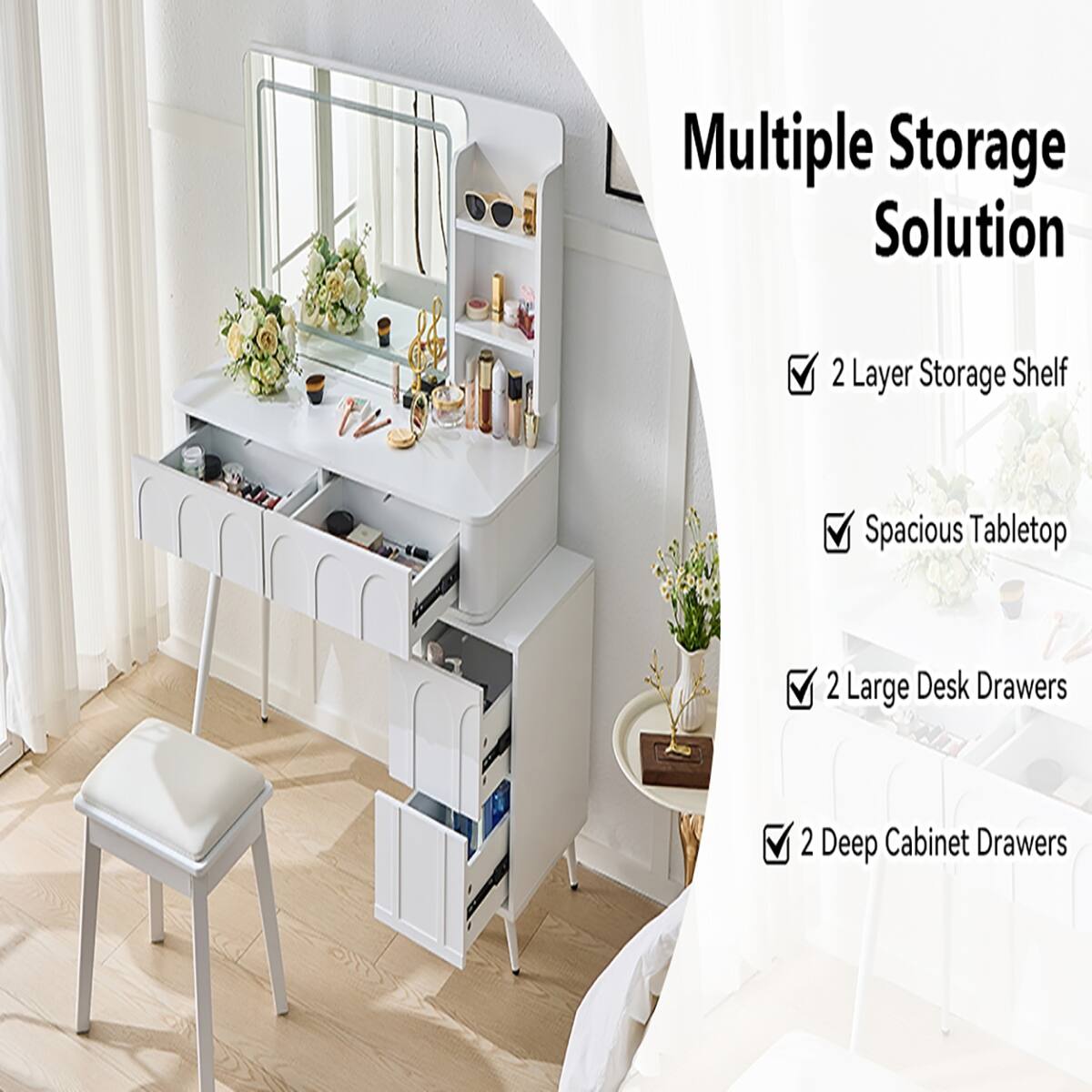 Multiple Storage Solution  
- 2 Layer Storage Shelf  
- Spacious Tabletop  
- 2 Large Desk Drawers  
- 2 Deep Cabinet Drawers